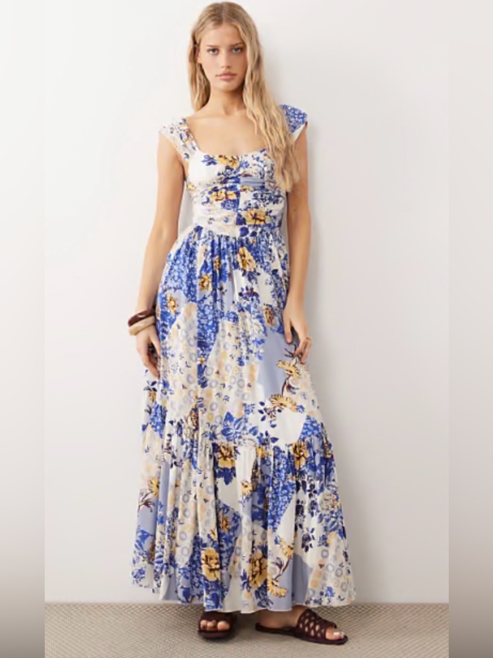 Free People Sasha Blue, White and Yellow Floral Tiered Maxi Dress
